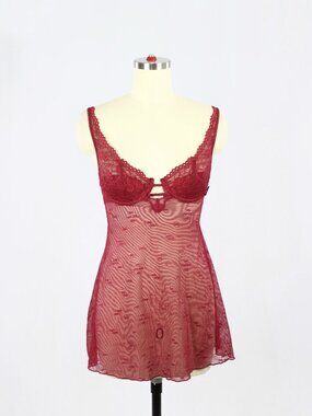 Vintage SILK & SATIN Maroon Red Mesh Lace Babydoll Negligee Slip Dress, Size S